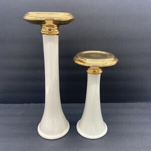 Vintage JARU Pillar Candlesticks Holders Set Of 2 Gold Cream MCM 1987 READ CHIP